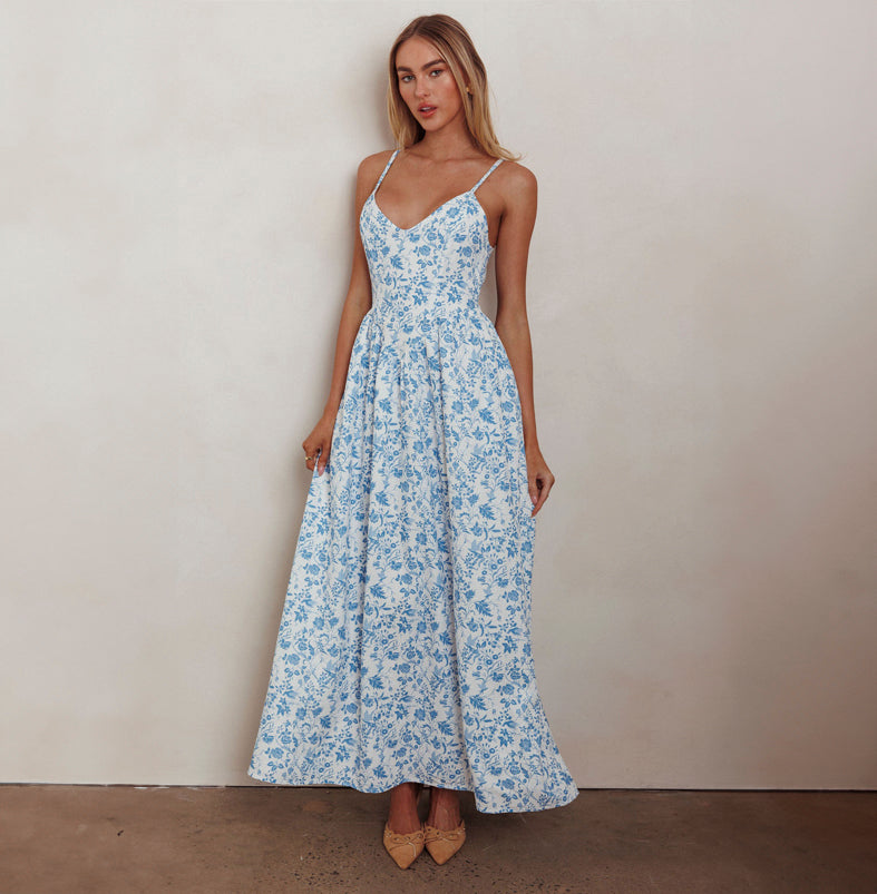 Fashion Strap White Blue Floral Print V-Neck Ruffle Back Tie-Up Maxi Dress