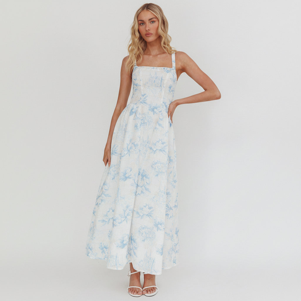 Fashion Summer Strap White Blue Floral Print Ruffle Corset Maxi Dress