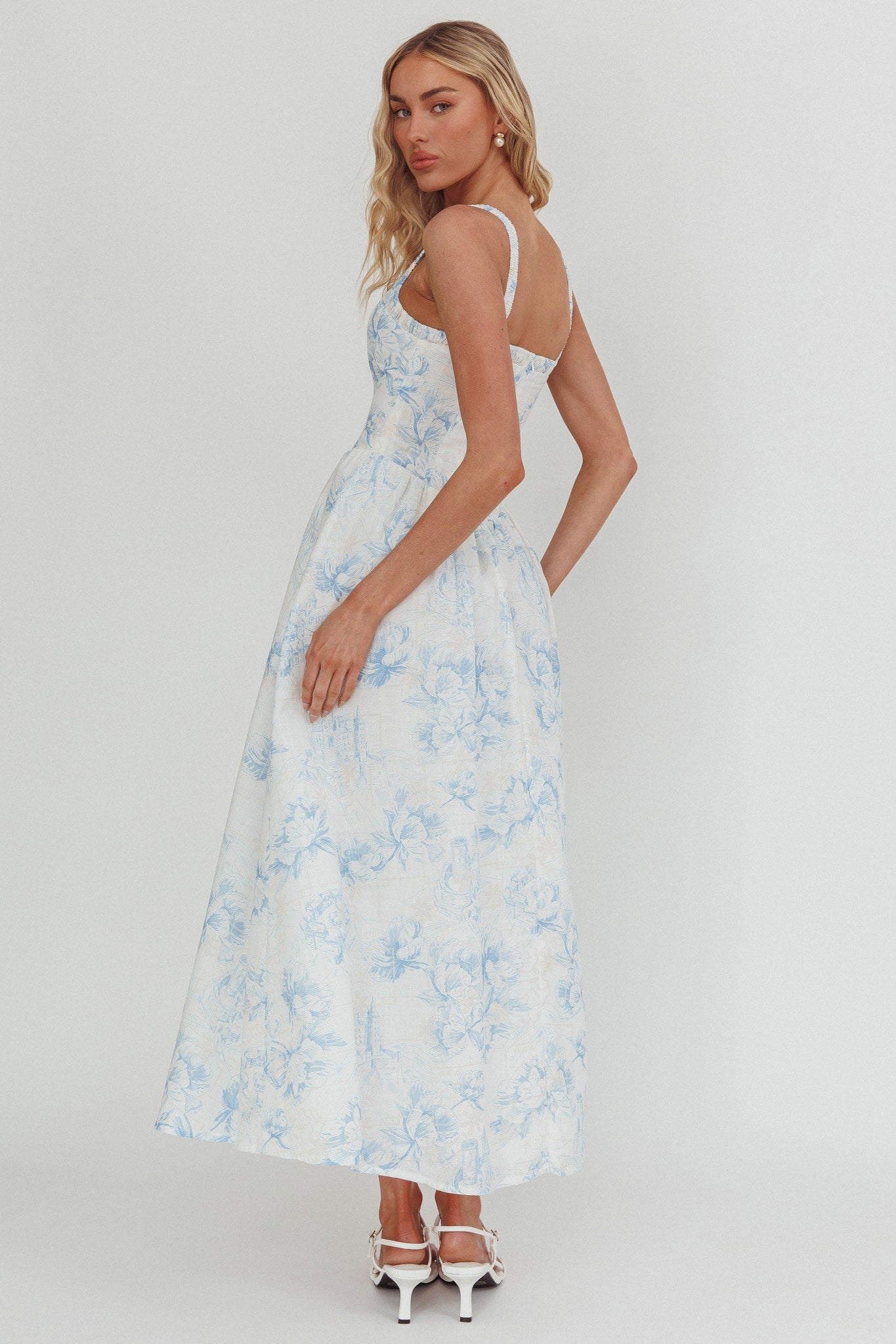 Fashion Summer Strap White Blue Floral Print Ruffle Corset Maxi Dress