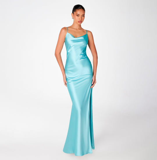 Elegant Strap Robin Blue Satin Ruffle V-Neck Open Back Maxi Dress
