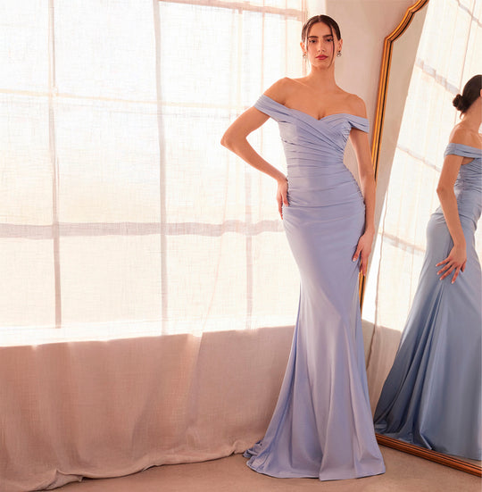 Elegant Off Shoulder Light Blue Pleated Satin Boning Detailed Ruffle Couture Mermaid Maxi Dress