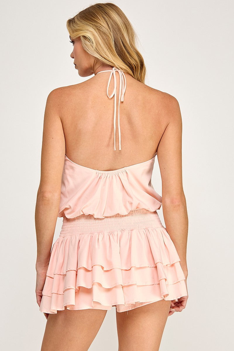 Fashion Halter Blush Tie-Up Open Back Ruffle Romper