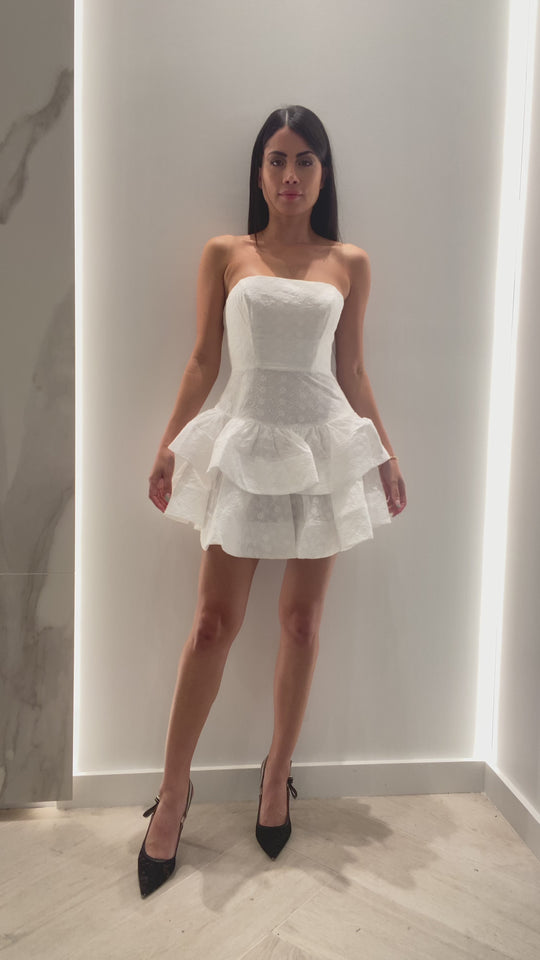 Elegant Strapless White Eyelet Floral Lace Ruffle Layered Boning Detailed Corset Mini Dress