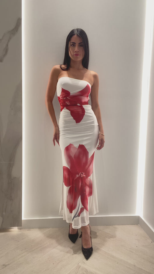 Elegant Strapless White Floral Print Maxi Dress