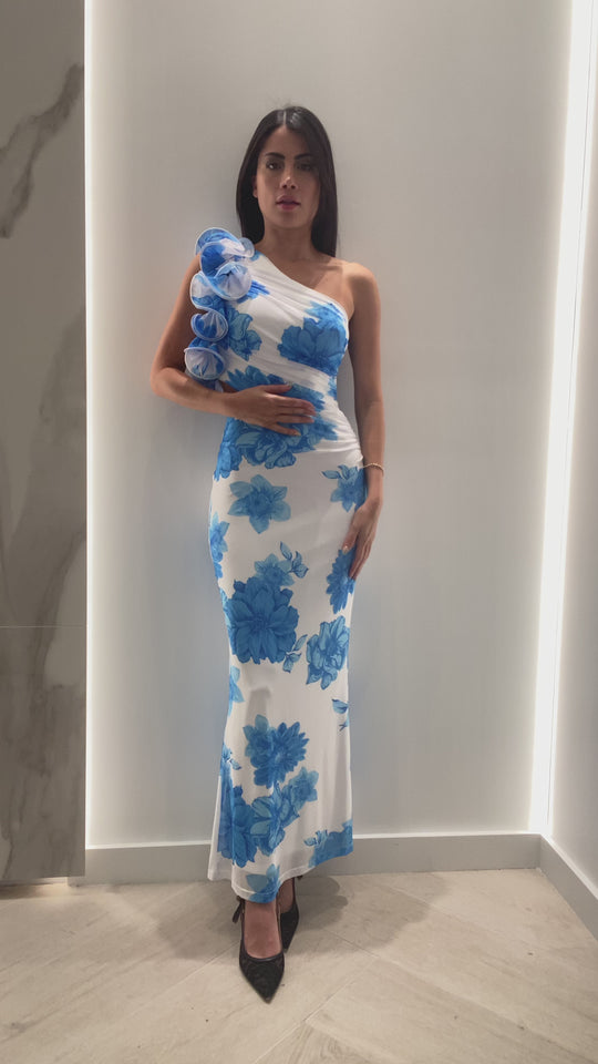 Fashion One Shoulder Blue Floral Print Band Detailed Ruffle Cut-Out Maxi Dress