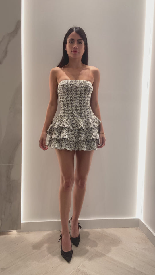 Elegant Strapless Black Contrast Textured Detailed Ruffle Layered Mini Dress