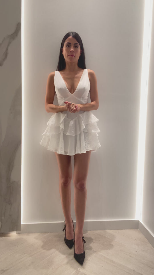 Fashion Strap White Texture Detailed V-Neck Ruffle Back Tie-Up Romper