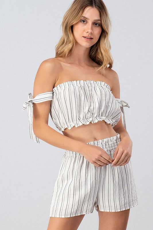 Fashion Ivory Contrast Elastic Tie-Up Crop Top