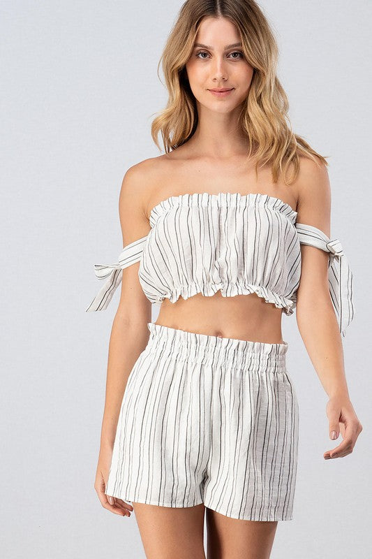 Fashion Ivory Contrast Elastic Tie-Up Crop Top
