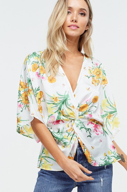Fashion Off White Multi-Color Floral Print Tie-Up Knot Blouse