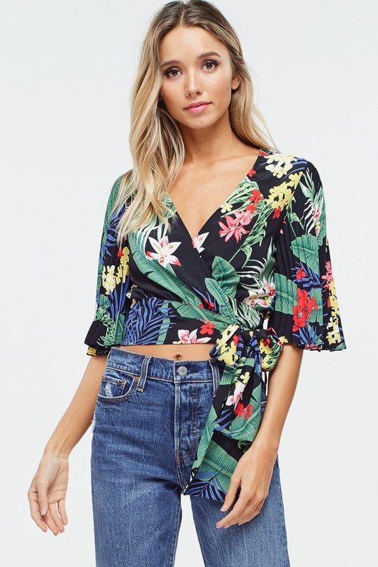 Fashion Black Multi-Color Floral Print Wrap Blouse with Pleated Sleeve