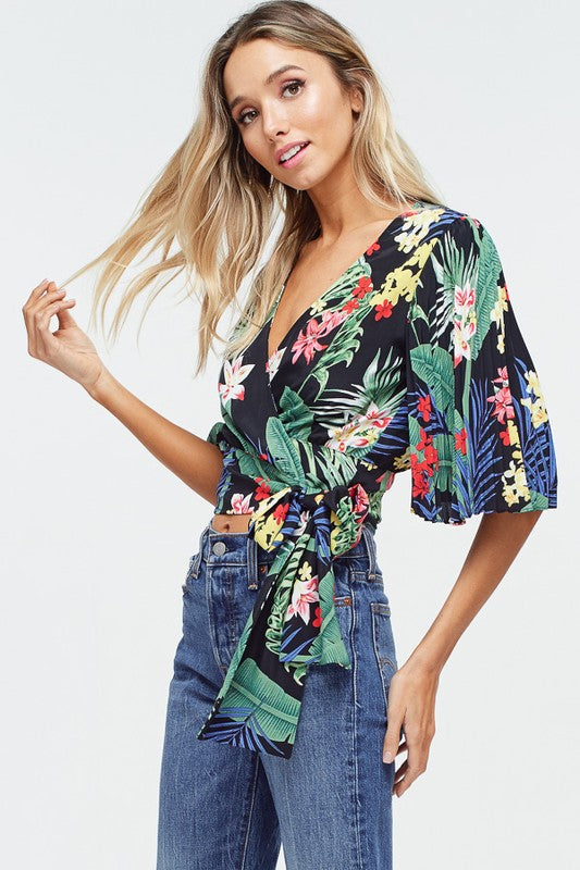 Fashion Black Multi-Color Floral Print Wrap Blouse with Pleated Sleeve