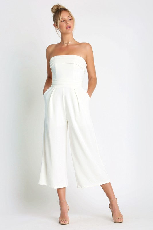 Elegant Ruffle Strapless White Jumpsuit