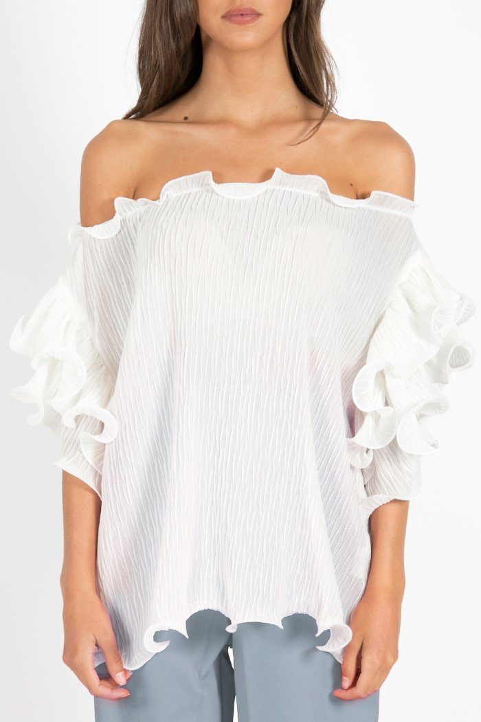 Fashion Off Shoulder White Ruffle Sleeve Textured Top