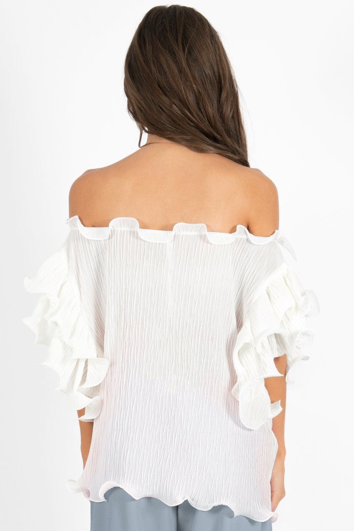 Fashion Off Shoulder White Ruffle Sleeve Textured Top
