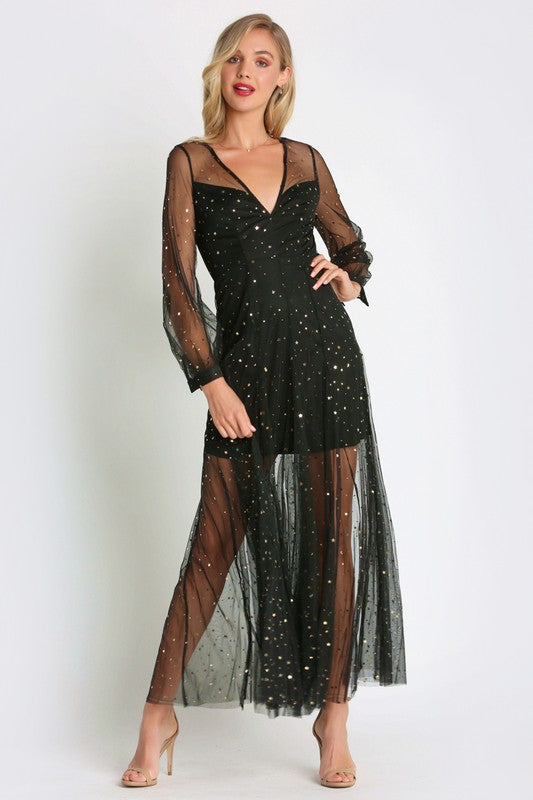 Elegant Black Crystal Gold Stars Detailed Dress with Sheer Sleeves