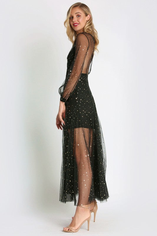 Elegant Black Crystal Gold Stars Detailed Dress with Sheer Sleeves Elegant Black Crystal Gold Stars Detailed Dress with Sheer Sleeves