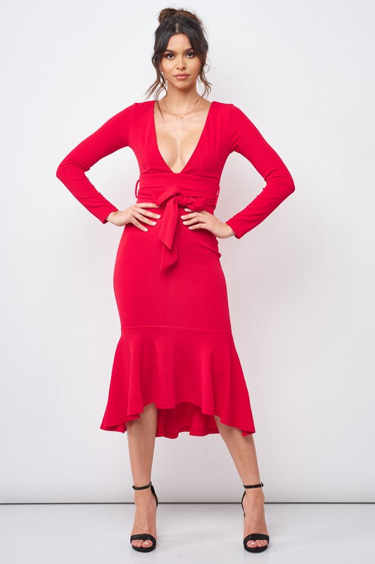 Elegant V-Neck Ruffle Tie-Up Red Dress with Long Sleeve