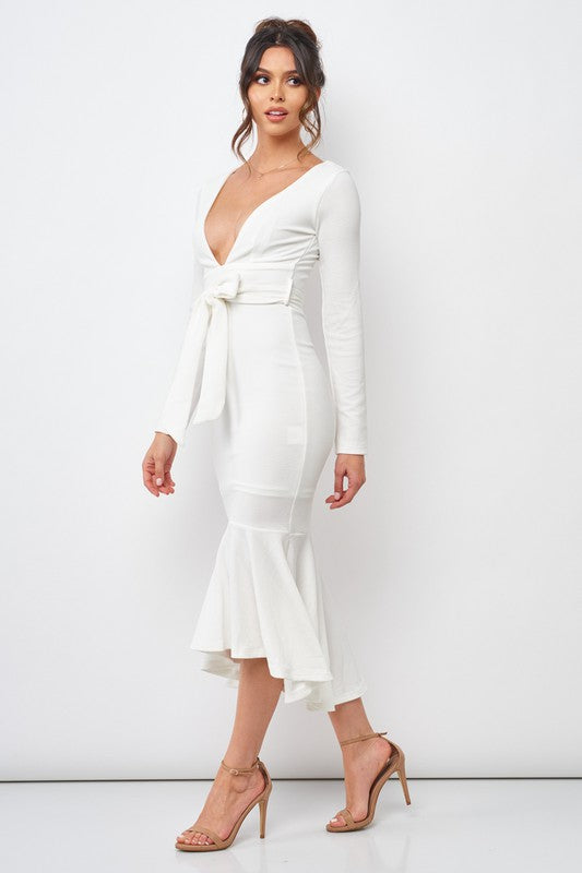 Elegant V-Neck Ruffle Tie-Up White Dress with Long Sleeve