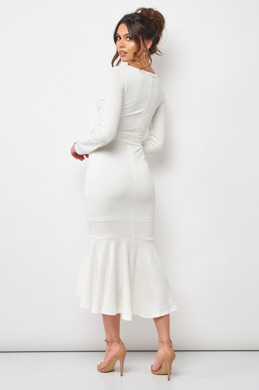 Elegant V-Neck Ruffle Tie-Up White Dress with Long Sleeve