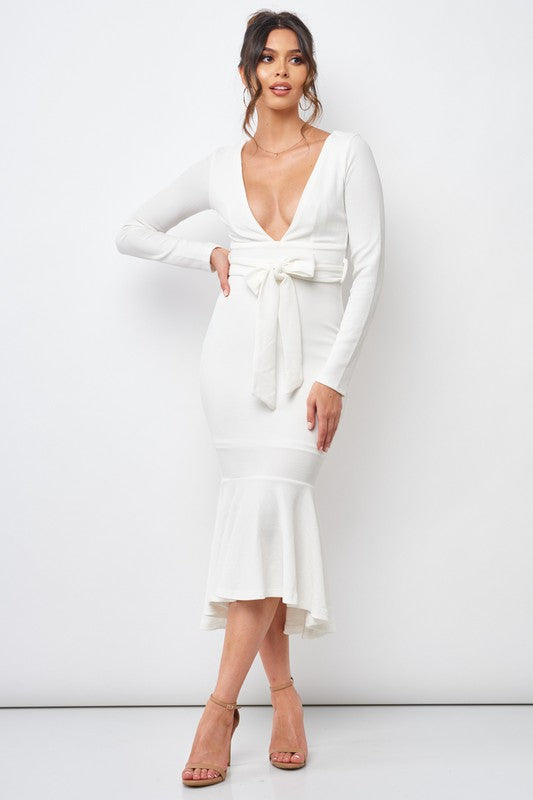 Elegant V-Neck Ruffle Tie-Up White Dress with Long Sleeve