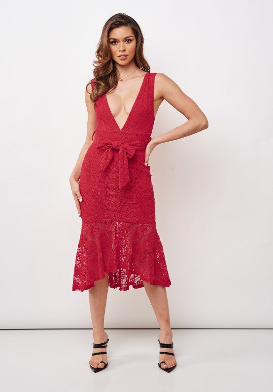 Elegant Red Floral Lace V-Neck Ruffle Tie-Up Dress