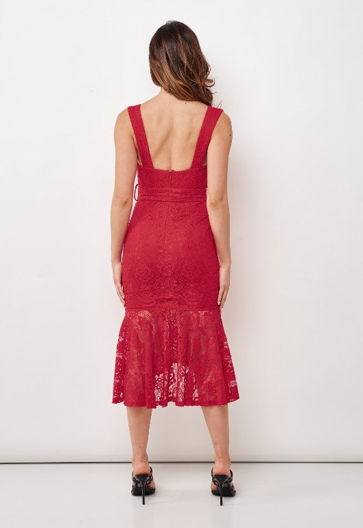 Elegant Red Floral Lace V-Neck Ruffle Tie-Up Dress