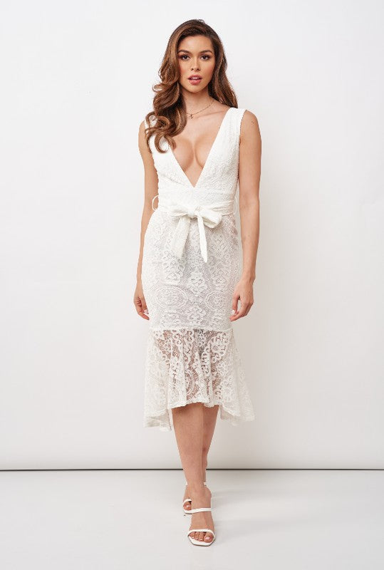 Elegant White Floral Lace V-Neck Ruffle Tie-Up Dress
