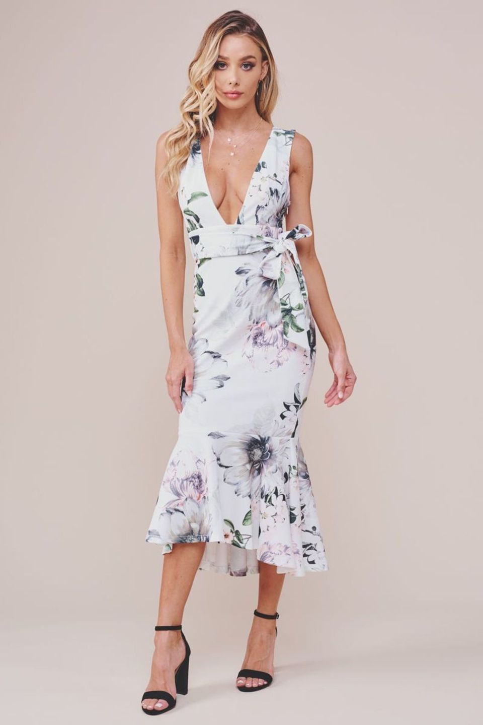 Elegant Multi-Color Floral Print V-Neck Ruffle Tie-Up White Dress