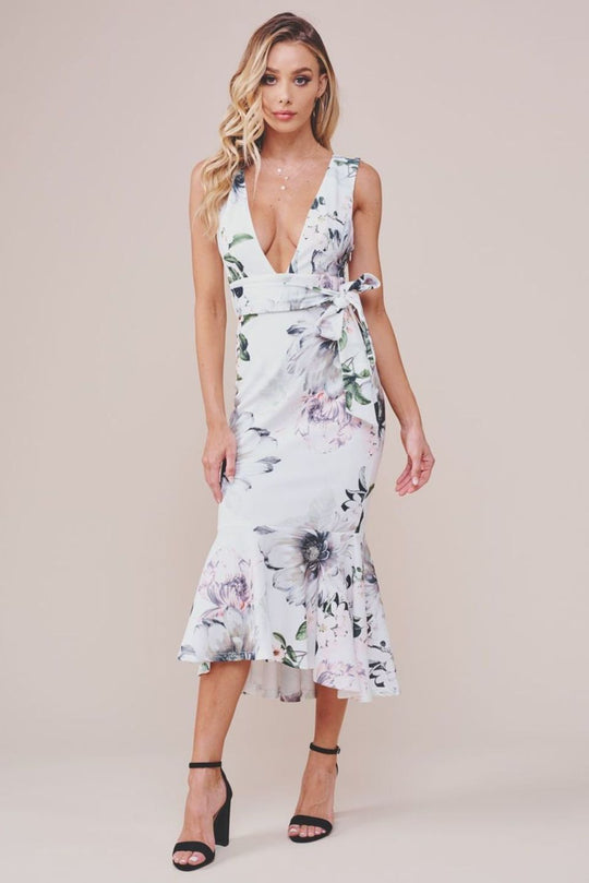 Elegant Multi-Color Floral Print V-Neck Ruffle Tie-Up White Dress