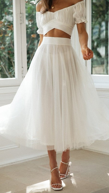 Elegant High Waisted White Mesh Ruffle Maxi Skirt