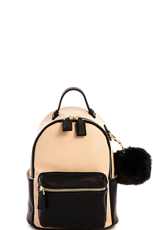 Fashion Contrast Beige Mini Backpack with Pom Pom