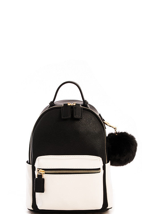 Fashion Contrast Black Mini Backpack with Pom Pom