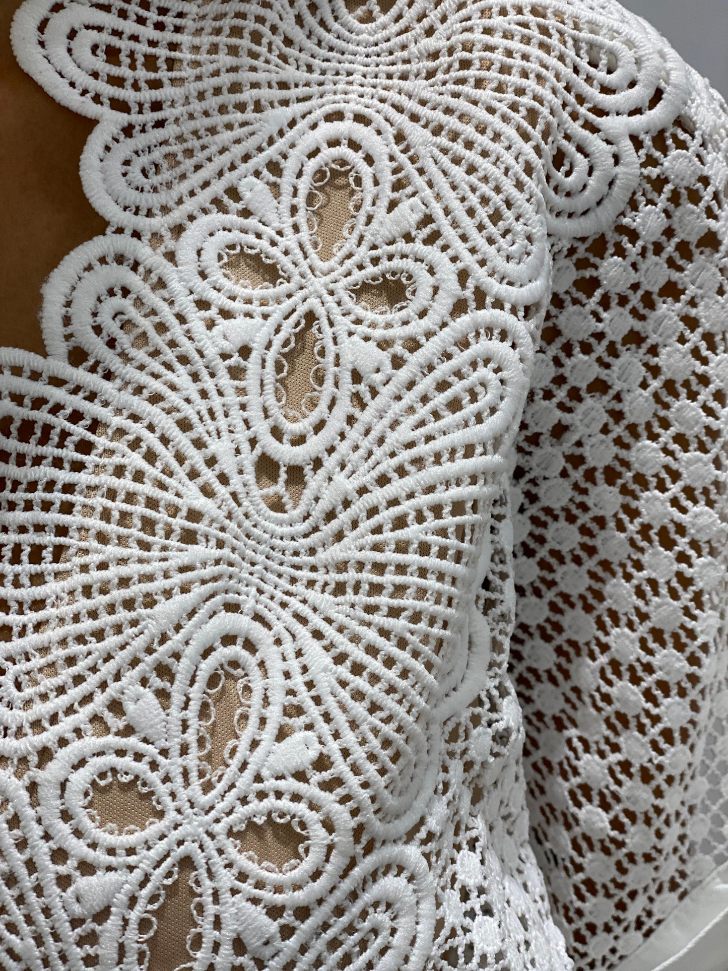 Fashion White Lace Crochet Romper Deep V-Neck with Band Sleeve Detailed
