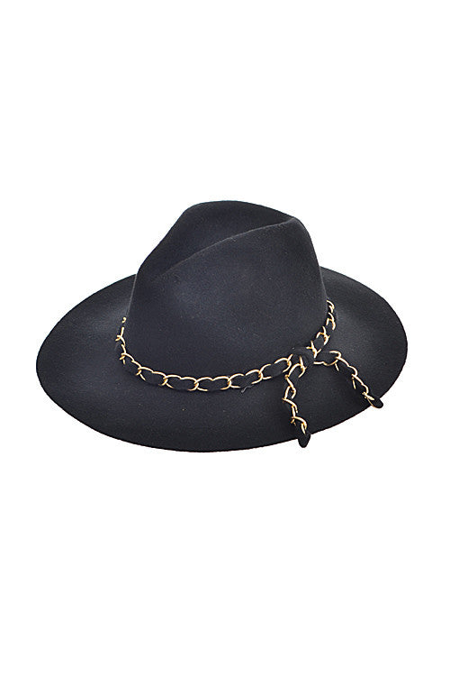 Classic Fedora Hat with Black Strap Tied Chain