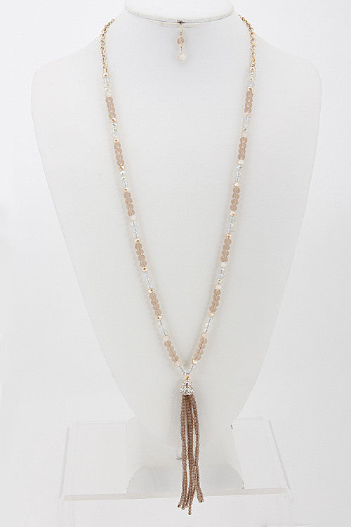 Long Fashion Beige Beaded Necklace with Tassel