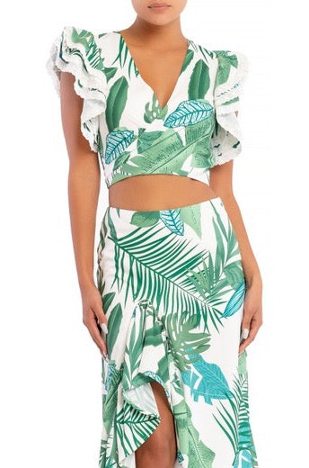 Fashion White Green Tropical Print Crop Top with Band Sleeve Detailed