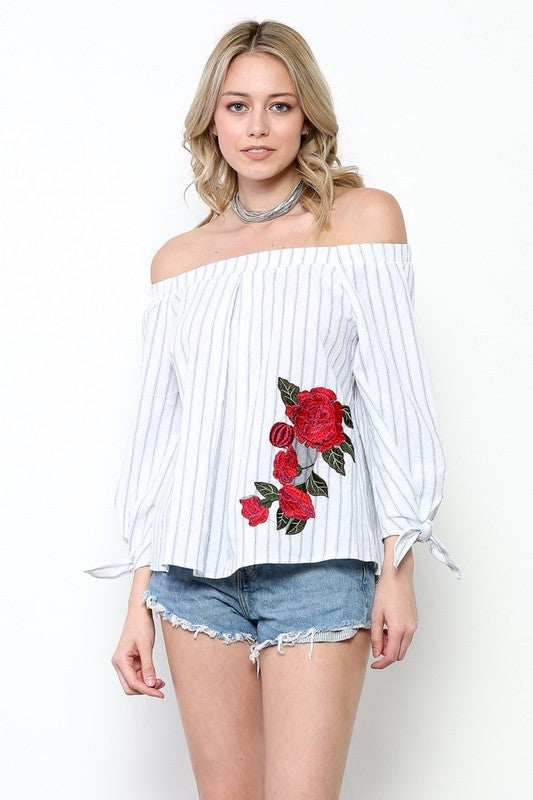 Summer White Off Shoulder Marine Top With Embroidery Rose