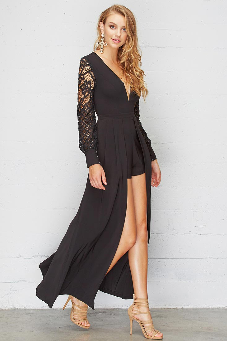 Elegant Black Lace Maxi Romper With Long Sleeve