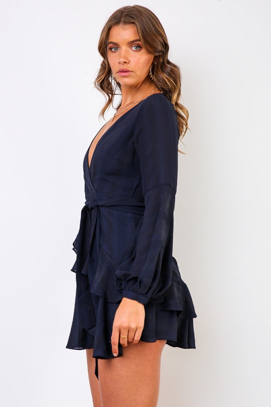 Fashion Navy Ruffle Tie-Up Dress with Bell Sleeve