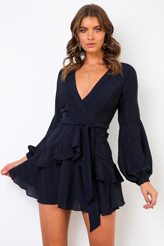 Fashion Navy Ruffle Tie-Up Dress with Bell Sleeve