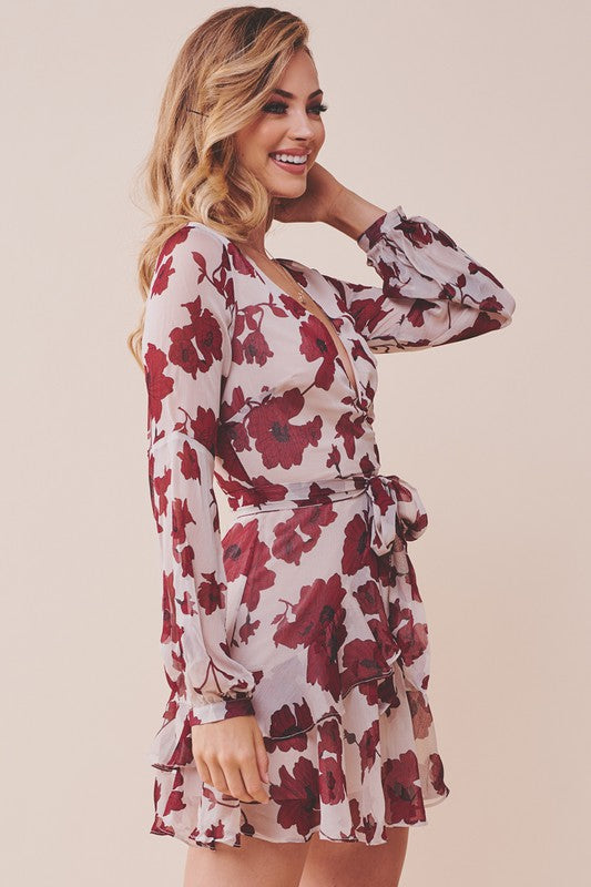 Fashion Beige Floral Print Ruffle Tie-Up Dress with Bell Sleeve