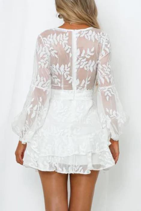 Elegant White Embroidery Ruffle Tie-Up Dress with Bell Sleeve