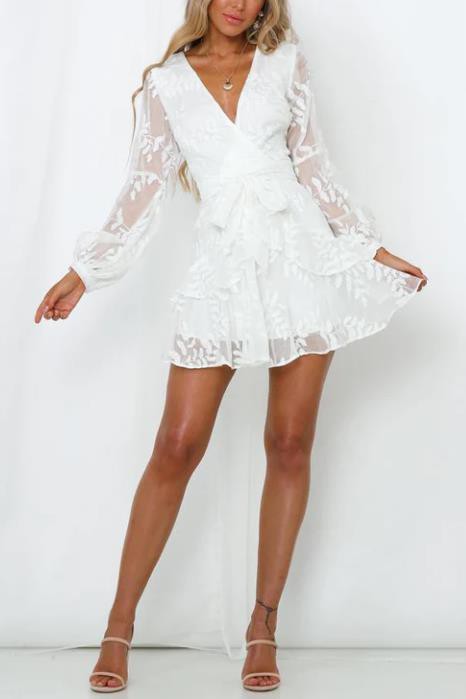 Elegant White Embroidery Ruffle Tie-Up Dress with Bell Sleeve