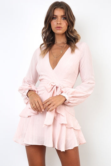 Fashion Light Blush Ruffle Tie-Up Dress with Bell Sleeve