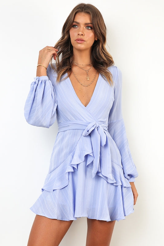 Fashion Light Blue Ruffle Tie-Up Dress with Bell Sleeve