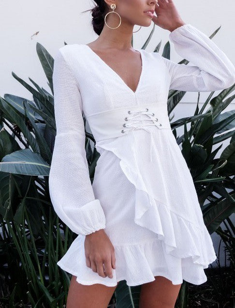 Fashion Summer White Ruffle Front Tie-Up with Long Sleeve
