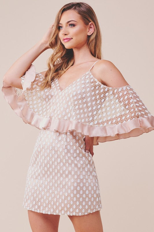 Elegant Cold Shoulder Texture Detailed Beige Satin Ruffle Dress