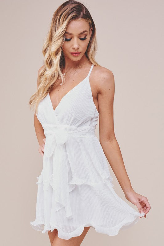 Fashion Strap White Ruffle Tie-Up Texture Detailed Dress