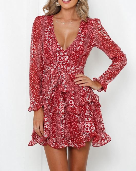 Fashion Red White Floral Print Texture Detailed Ruffle Tie-Up Dress with Long Sleeve